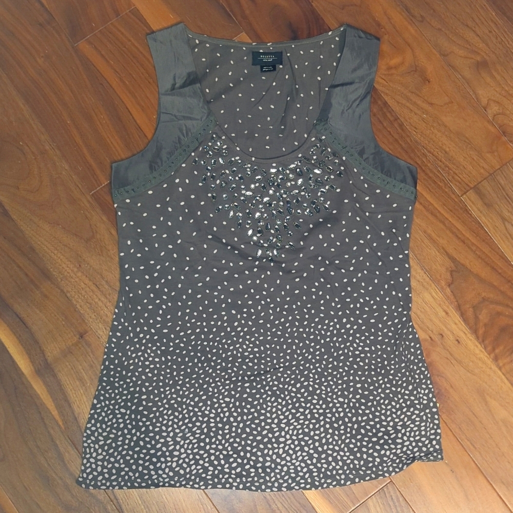 Deletta Anthropologie Womens Silk Green Polka Dot Scoop Embroidered Tank Top XS